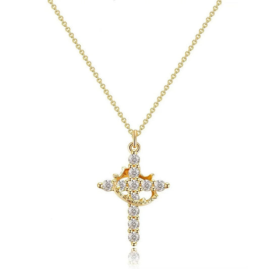 Rotatable Crown Zircon Cross Pendant Necklace Light Luxury Shiny Cross Stainless Steel Chain Choker For Women Men Prayer Jewelry - Blessings is Here