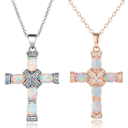 Created Opal Cross with Chain Necklaces Pendants Women Men Cubic Zirconia Cross Necklace for Women Cross Faith Pendant - Blessings is Here