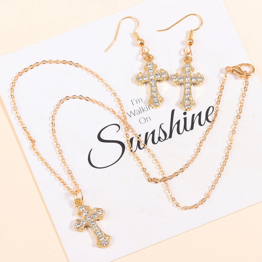 Fashion Rhinestones Cross Charms Necklace Earrings Jewelry Set Trend Personality Pearl Crucifix Jewelry For Friend Gifts - Blessings is Here