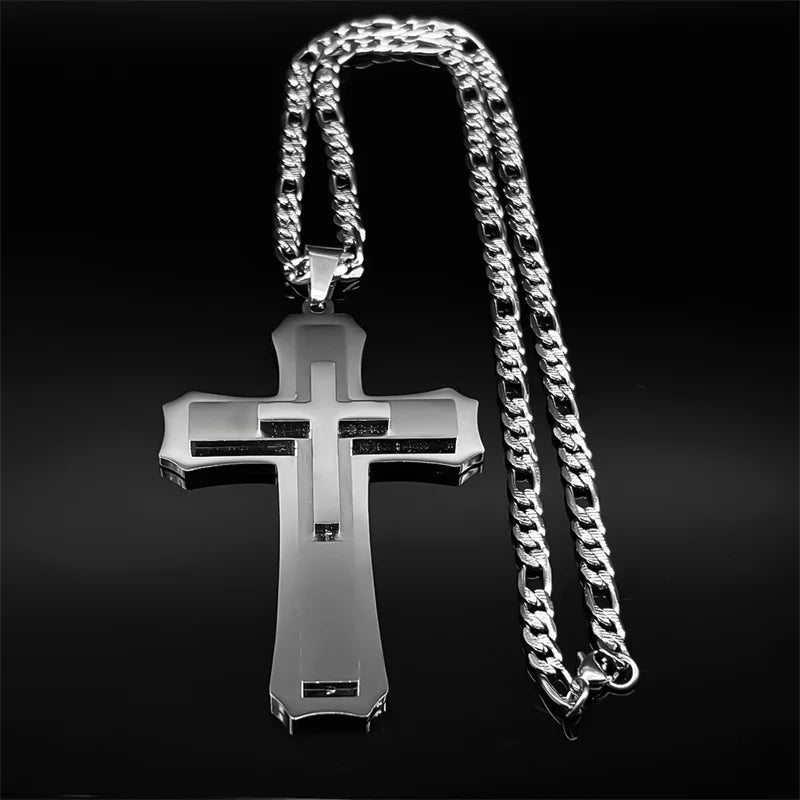 Big Jesus Christian Cross Pendant Necklace for Man Women Stainless Steel Silver Color Link Figaro NK Chain Male Collier Jewelry - Blessings is Here