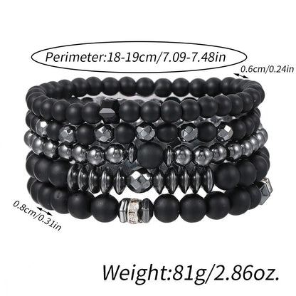 5PCS Natural Stone Beaded Bracelet Set for Men & Women – Multi-Layer Matte Black Lava Stone Stretch Bracelets | Couples Friendship Jewelry Gift