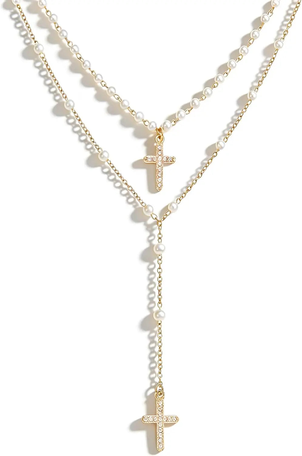 Layered Cross Necklaces for Women Trendy, Bohemian Bead Pearl Y Long Pendant Necklace Set, Vintage Rosary Necklace Adjustable