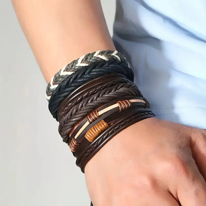 Braided Leather & Bead Bracelet Set