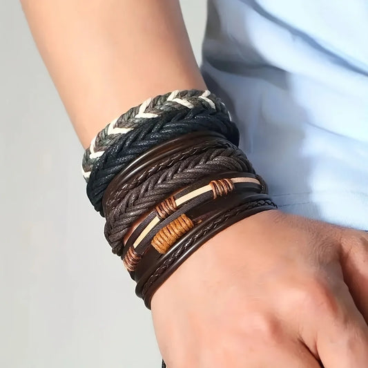 Braided Leather & Bead Bracelet Set