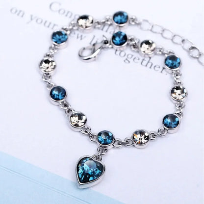 925 Silver Blue Crystal Heart Charm Bracelet for Women