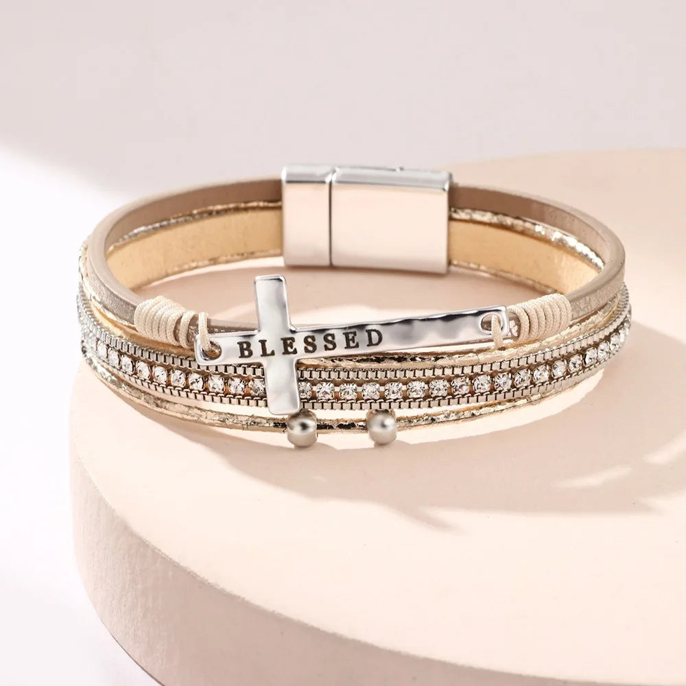 Blessed Cross PU Leather Bracelet – Bohemian Christian Rhinestone Wrap Bracelet for Women | Vintage Faith Jewelry Gift | Blessings Is Here