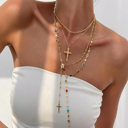 Layered Cross Necklaces for Women Trendy, Bohemian Bead Pearl Y Long Pendant Necklace Set, Vintage Rosary Necklace Adjustable