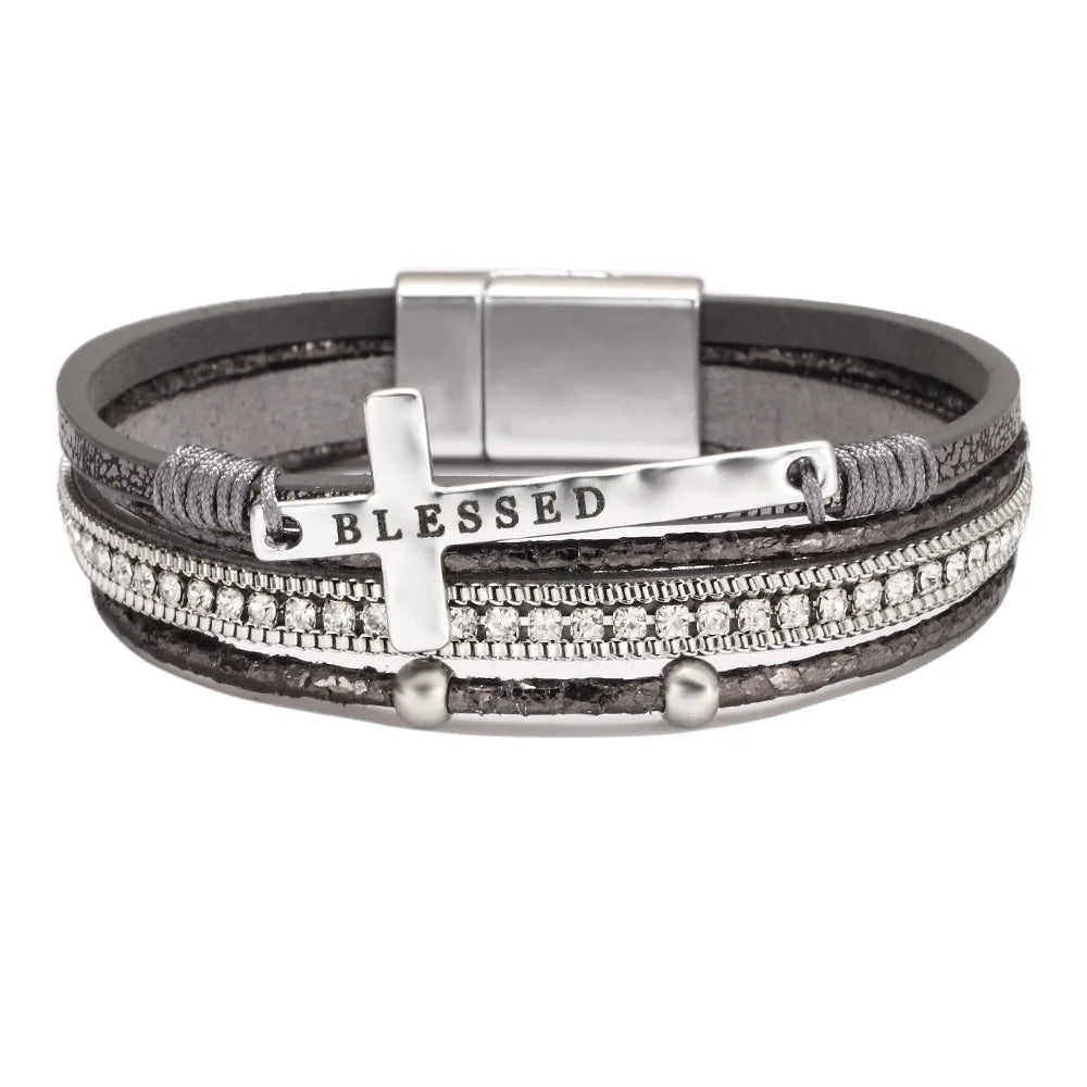 Blessed Cross PU Leather Bracelet – Bohemian Christian Rhinestone Wrap Bracelet for Women | Vintage Faith Jewelry Gift | Blessings Is Here