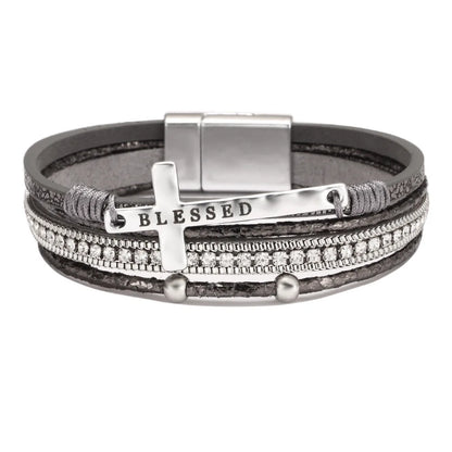 Blessed Cross PU Leather Bracelet – Bohemian Christian Rhinestone Wrap Bracelet for Women | Vintage Faith Jewelry Gift | Blessings Is Here