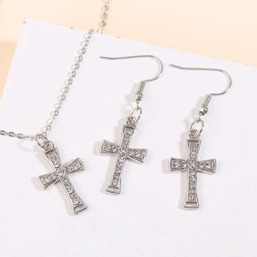 Fashion Rhinestones Cross Charms Necklace Earrings Jewelry Set Trend Personality Pearl Crucifix Jewelry For Friend Gifts - Blessings is Here