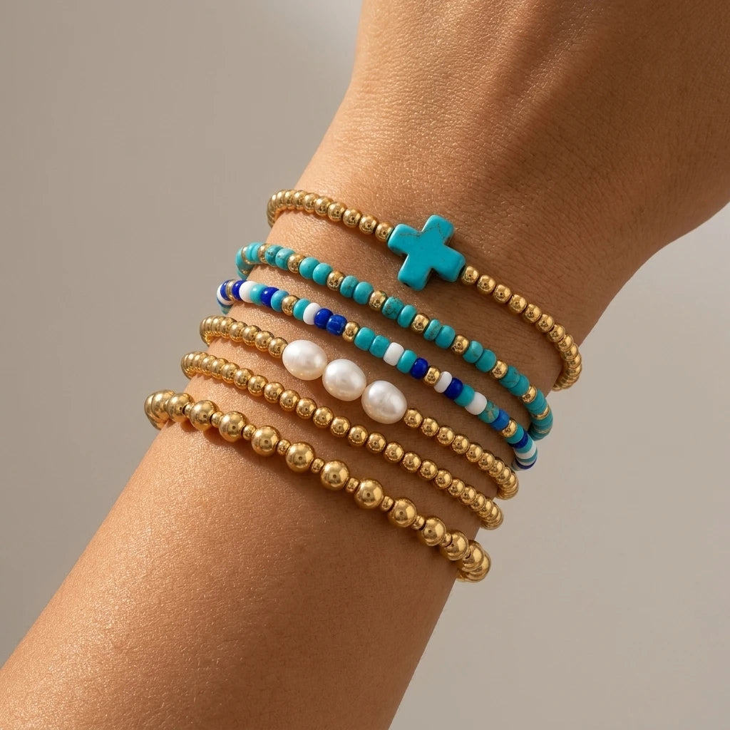 6PCS Bohemian Cross Beaded Bracelet Set for Women