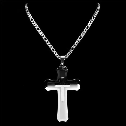Big Jesus Christian Cross Pendant Necklace for Man Women Stainless Steel Silver Color Link Figaro NK Chain Male Collier Jewelry - Blessings is Here
