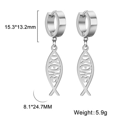 Cross Charm Dangle Earrings Ichthys Jesus Fish Christian Symbol Hoop Earrings Stainless Steel Catholic Amulet