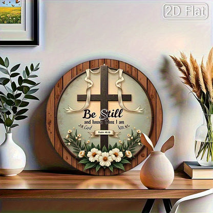 2D Flat, 1pc Vintage Wooden Wall Art Sign - 20.32x20.32 cm Round Rustic Cross with Inspirational Bible Verse (Psalm 46:10) - Flo