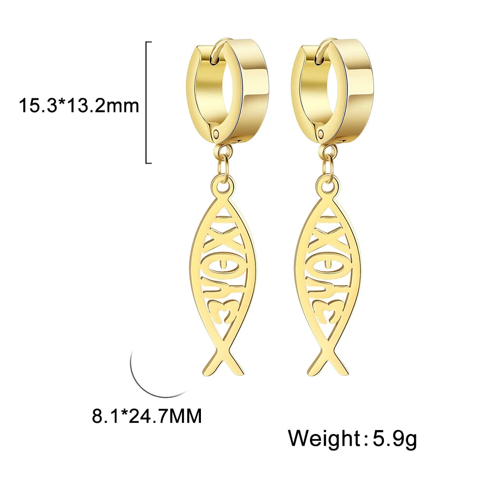 Cross Charm Dangle Earrings Ichthys Jesus Fish Christian Symbol Hoop Earrings Stainless Steel Catholic Amulet
