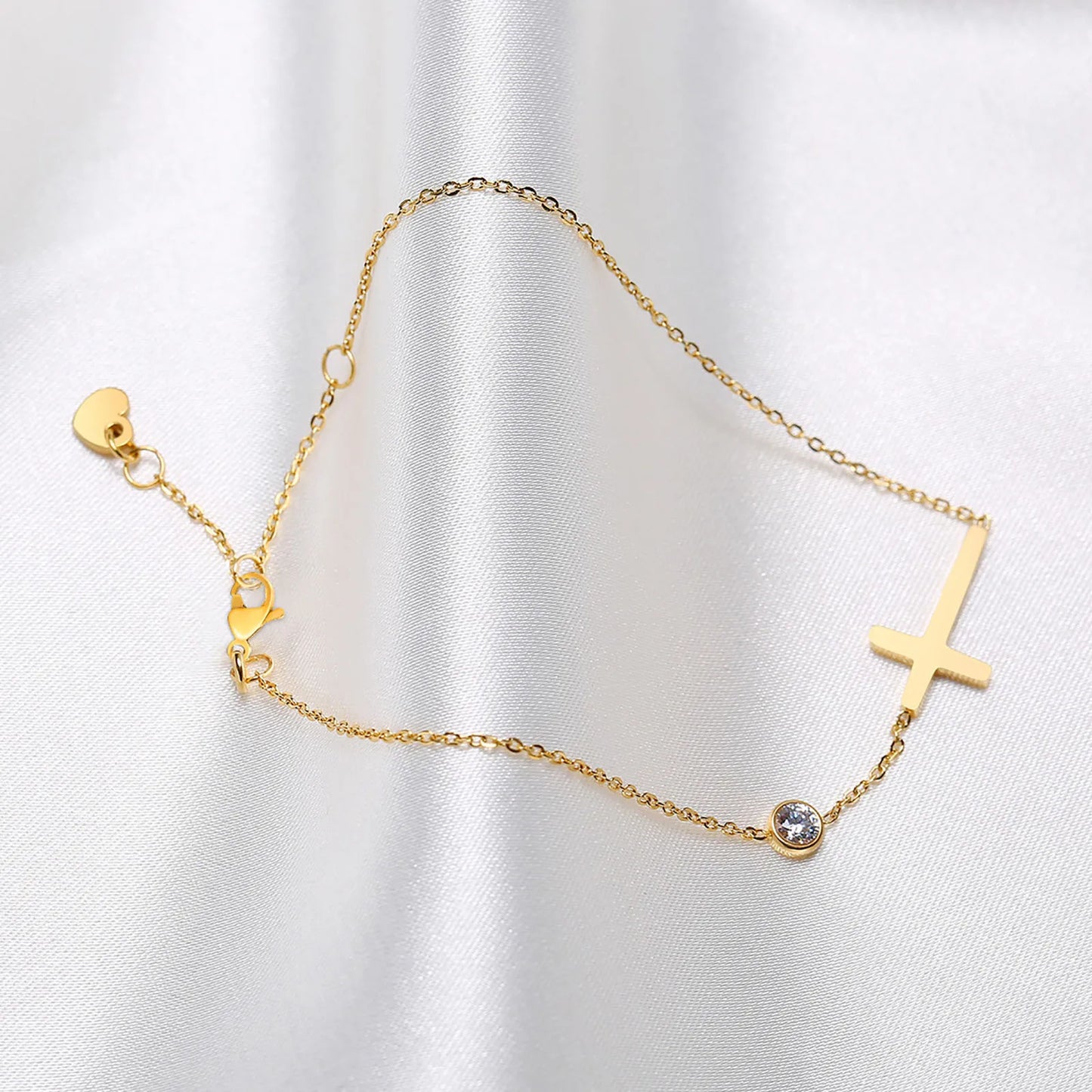 Birthstone Zirconia Thin Chain Link Cross Bracelet Stainless Steel Women's Adjustable Link Stacked Layered Chain Bracelets