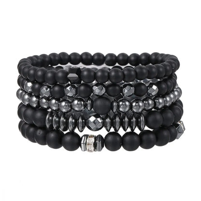 5PCS Natural Stone Beaded Bracelet Set for Men & Women – Multi-Layer Matte Black Lava Stone Stretch Bracelets | Couples Friendship Jewelry Gift