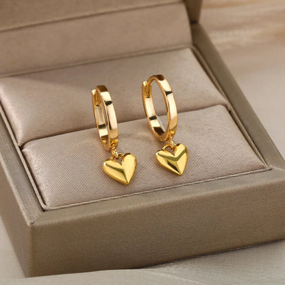 Stainless Steel Gold Heart Zircon Hoop Earrings