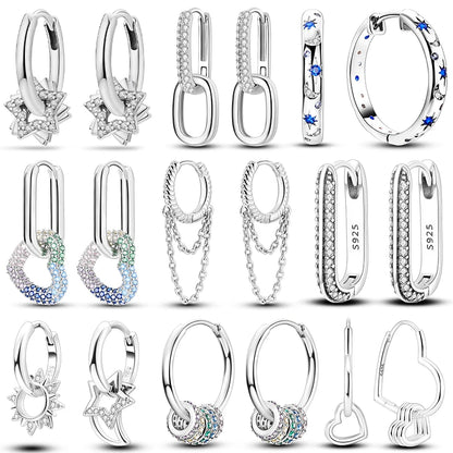 925 Silver Heart & Star Zircon Hoop Earrings