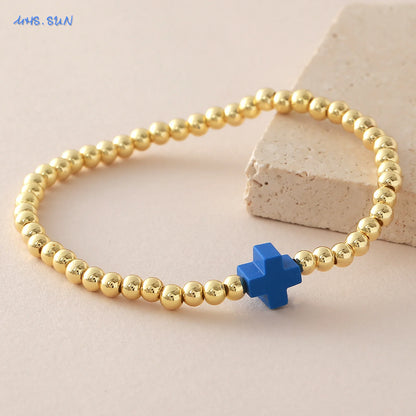 Gold Beaded Cross Bracelet, Christian Bracelet for Women and Men, Faith Jewelry, Inspirational Religious Gift