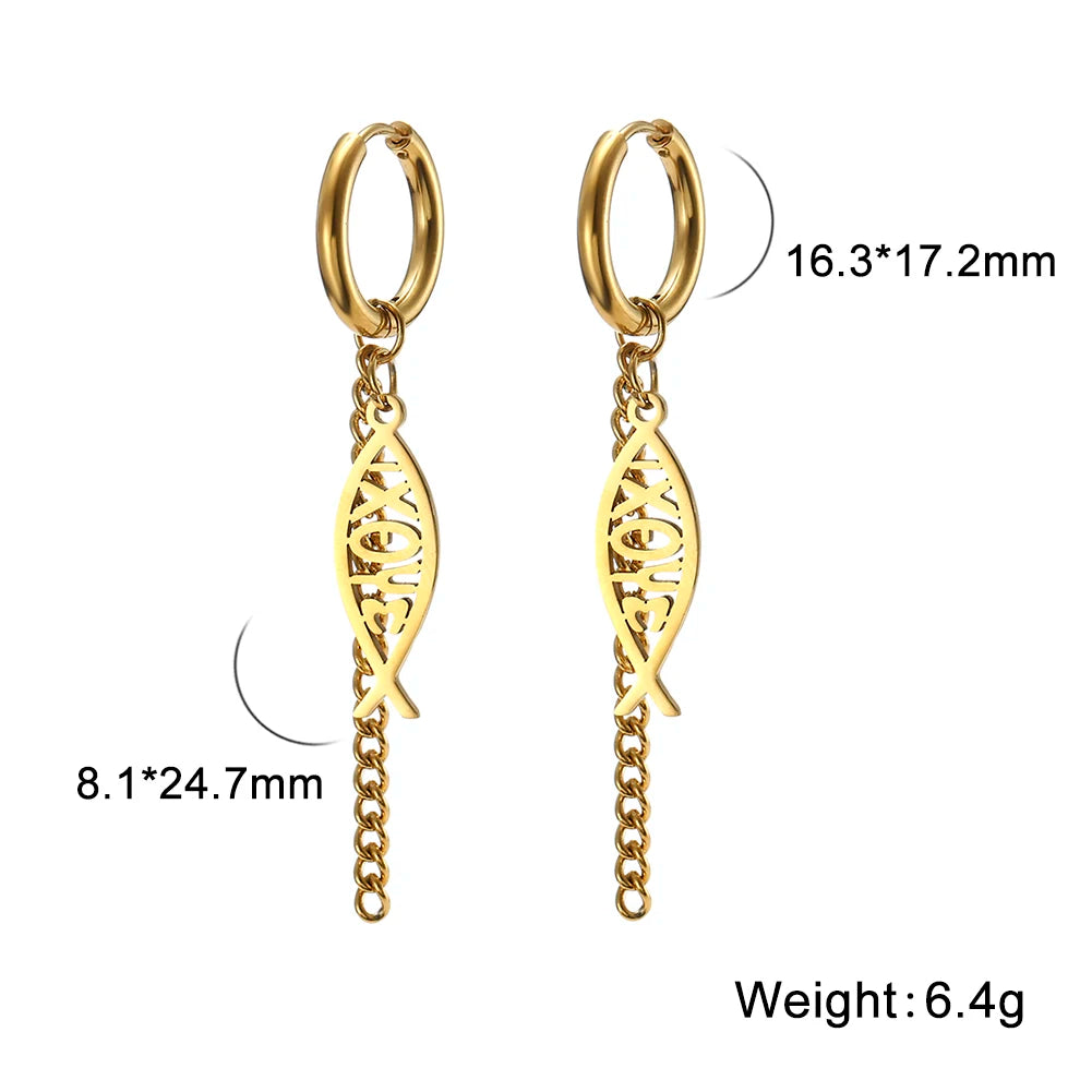 Cross Charm Dangle Earrings Ichthys Jesus Fish Christian Symbol Hoop Earrings Stainless Steel Catholic Amulet