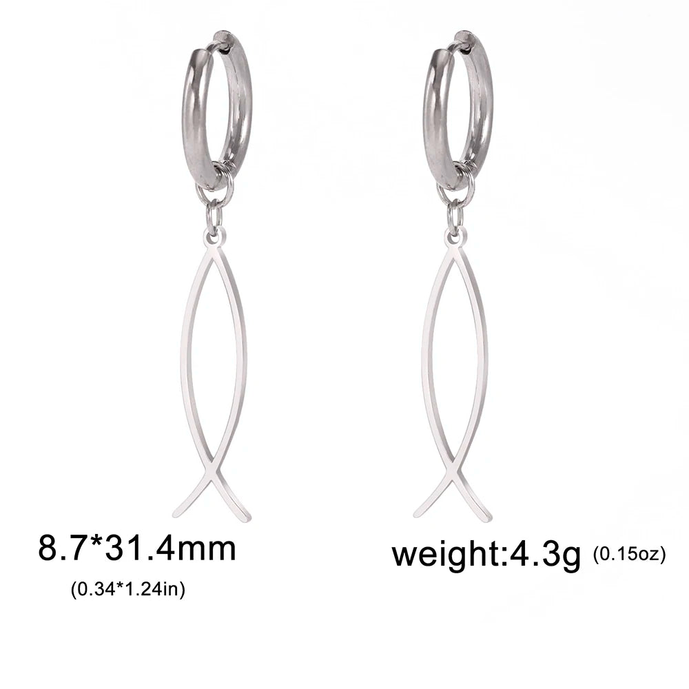 Cross Charm Dangle Earrings Ichthys Jesus Fish Christian Symbol Hoop Earrings Stainless Steel Catholic Amulet