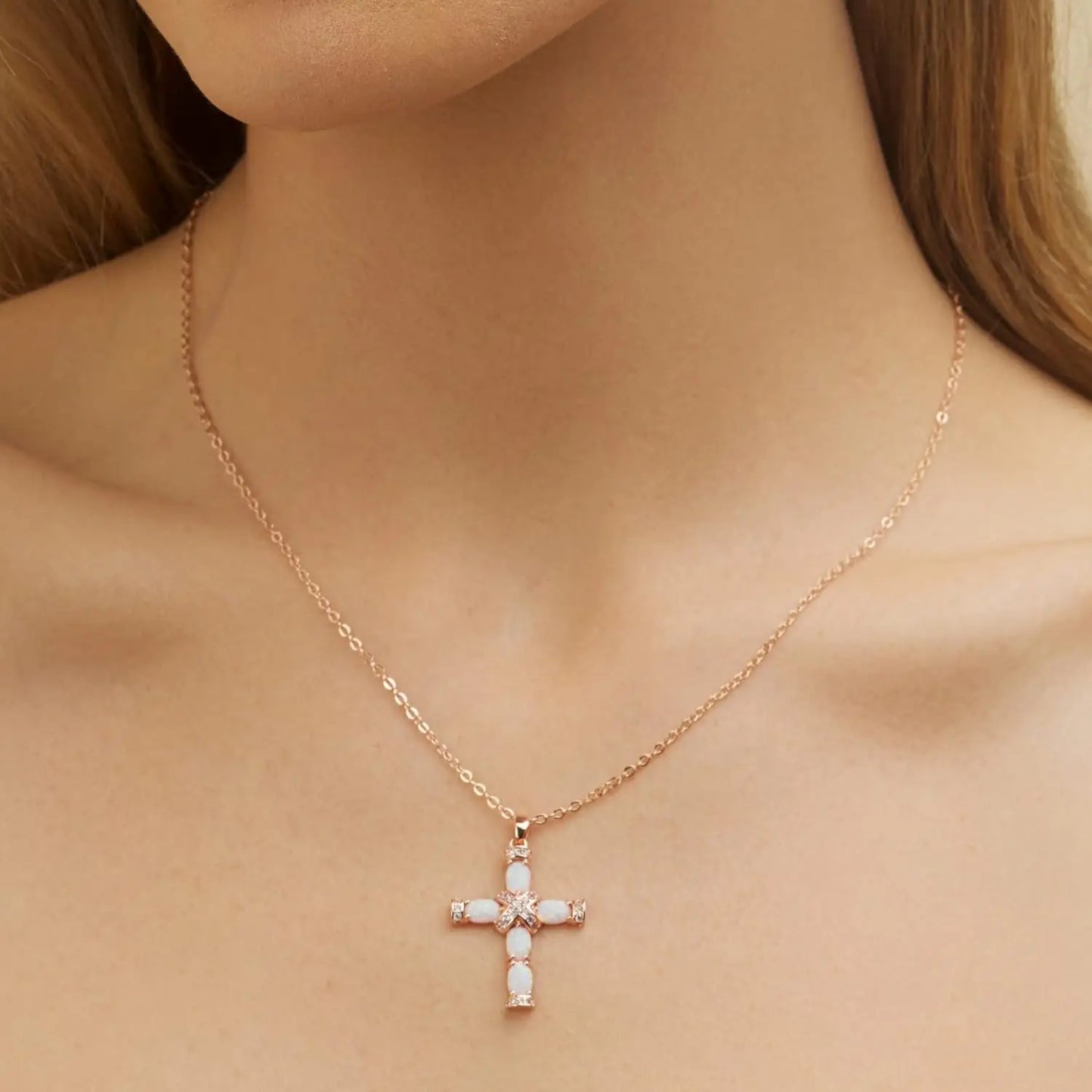 Created Opal Cross with Chain Necklaces Pendants Women Men Cubic Zirconia Cross Necklace for Women Cross Faith Pendant - Blessings is Here