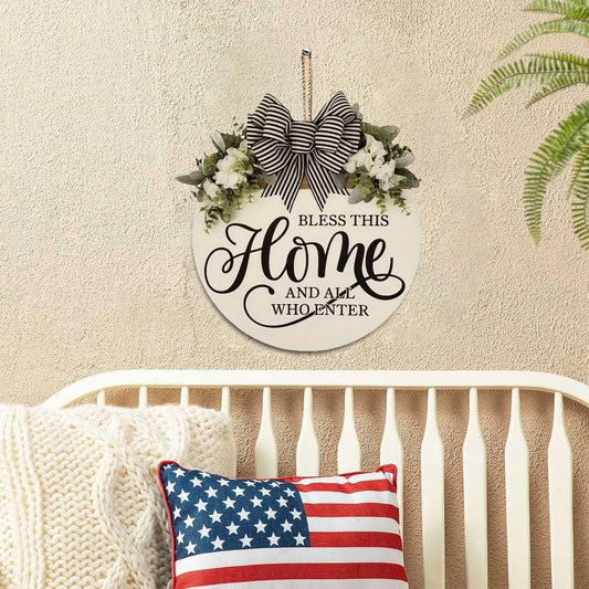 Pring Wreath Home Wooden Plaque Decoration Welcome Doorplate Simulation Flower Front Door Logo Welcome Door Signs For Home