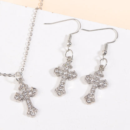Fashion Rhinestones Cross Charms Necklace Earrings Jewelry Set Trend Personality Pearl Crucifix Jewelry For Friend Gifts - Blessings is Here