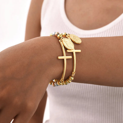 Vnox Saint Benedict Cross Bracelets,Stainless Steel Bead Chain Stretch Strand Bracelets For Women Men,Religion Jewelry Christ - Blessings is Here