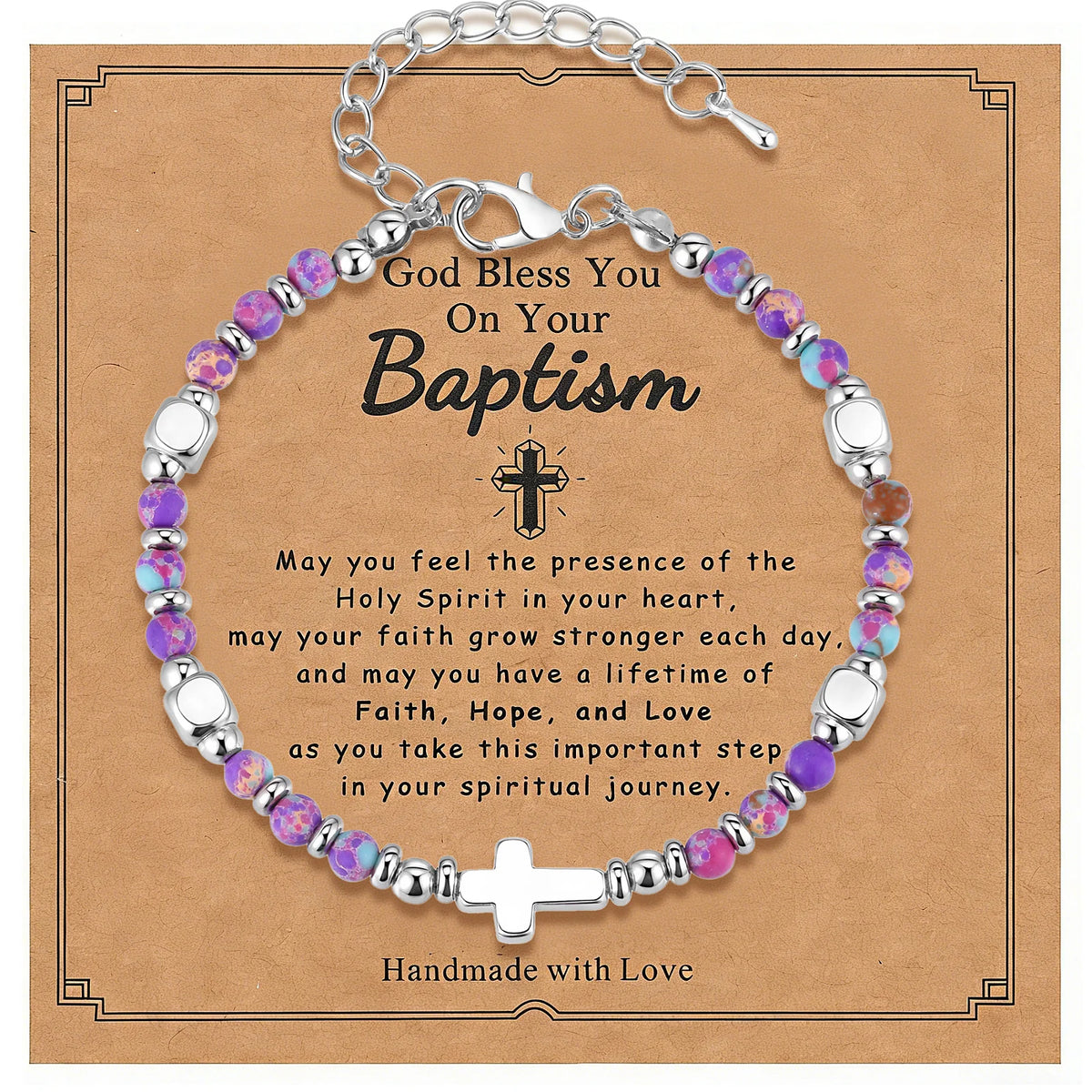 Christian Baptism Religious Beaded Cross Bracelet for Women Pink Crystal Beads Chain Bracelets Christian Easter Jewelry Gift