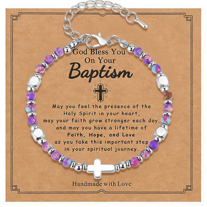 Christian Baptism Religious Beaded Cross Bracelet for Women Pink Crystal Beads Chain Bracelets Christian Easter Jewelry Gift