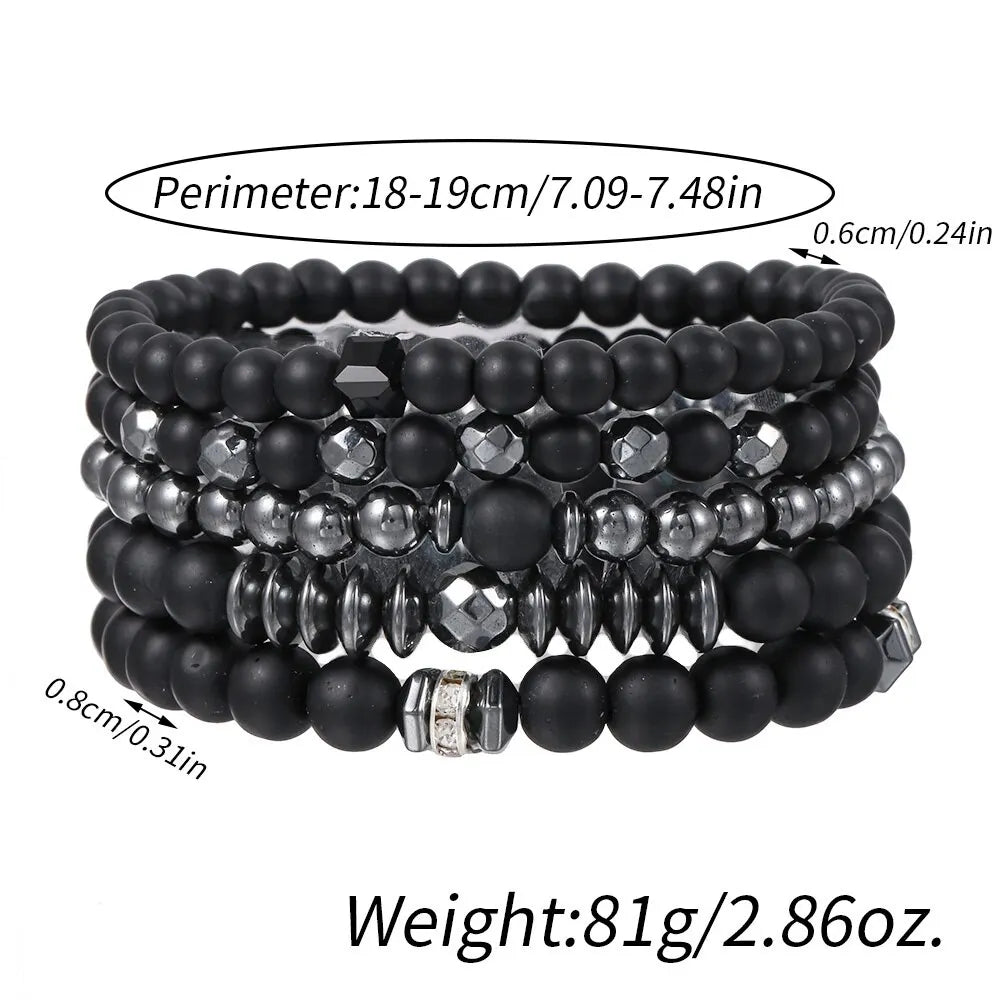 5PCS Natural Stone Beaded Bracelet Set for Men & Women – Multi-Layer Matte Black Lava Stone Stretch Bracelets | Couples Friendship Jewelry Gift