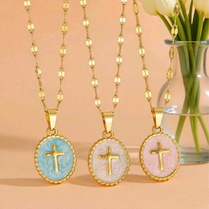FTCY Stainless Steel Cross Pendant Necklace For Women Simple Elegant Oval Pendant Women's Jewelry Gifts For Daily Decoration - Blessings is Here