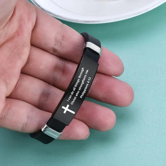 Christian Bible Verse Black Stainless Steel Cross Bracelet