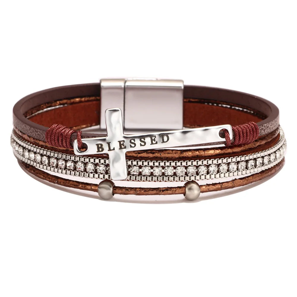 Blessed Cross PU Leather Bracelet – Bohemian Christian Rhinestone Wrap Bracelet for Women | Vintage Faith Jewelry Gift | Blessings Is Here