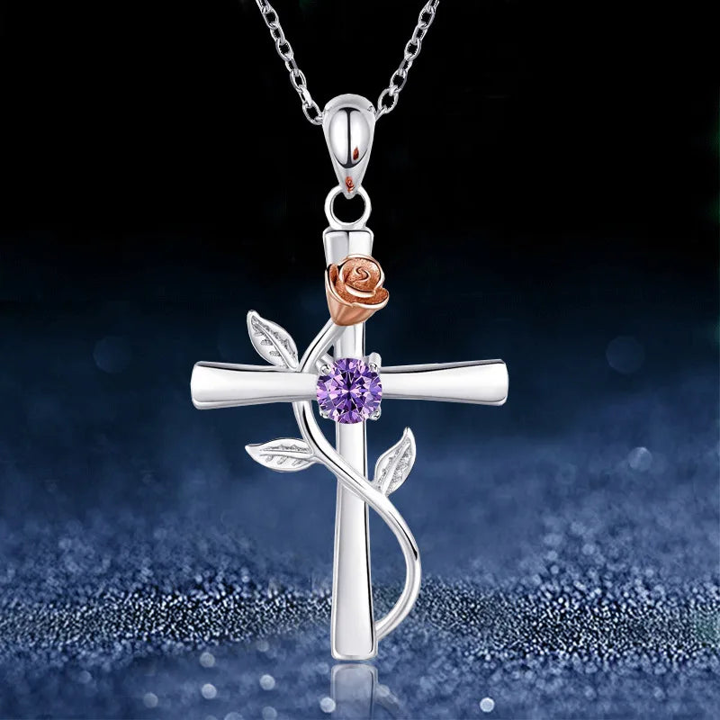 Exquisite Rose Cross Shaped Zircon Necklace for Women Fashion Flower Cross Pendant Clavicle Chain DIY Jewelry Accessories Gift
