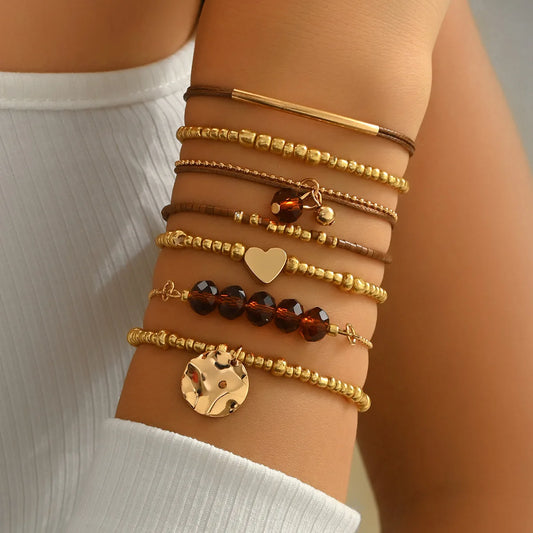 7PCS Boho Heart Beaded Bracelet Set for Women | Gold Tone Layered Stretch Bracelets with Heart Charm | Stackable Bohemian Jewelry Gift for Her