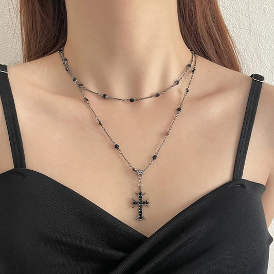 Double Layer Punk Black Rhinestone Cross Choker