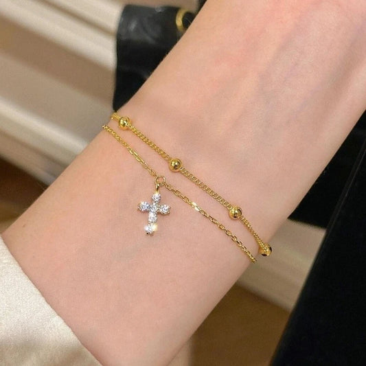 Fashionable Gold Color Women's Cross Chain Bracelet for Girls, Shining with Zircon Inlay, Double-layer Adjustable Charm Bracelet - Blessings is Here