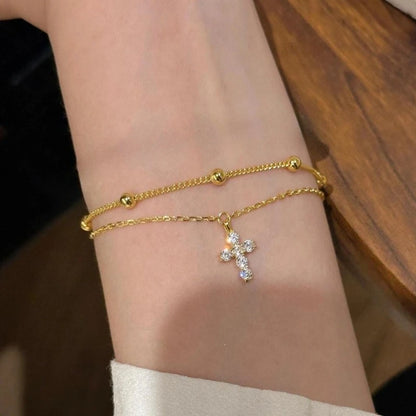 Fashionable Gold Color Women's Cross Chain Bracelet for Girls, Shining with Zircon Inlay, Double-layer Adjustable Charm Bracelet - Blessings is Here