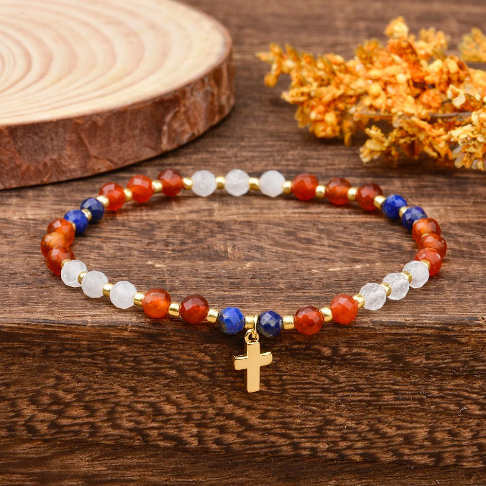 4mm Natural Stones Lapis Garnet and Aquamarine Faceted Beads with Brass Cross Charm Stretchable Bohemian Bracelet for Women Men - Blessings is Here