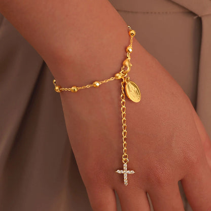 Stainless Steel Cubic Zirconia Cross Rosary Bracelet