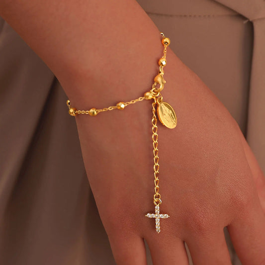 Stainless Steel Cubic Zirconia Cross Rosary Bracelet