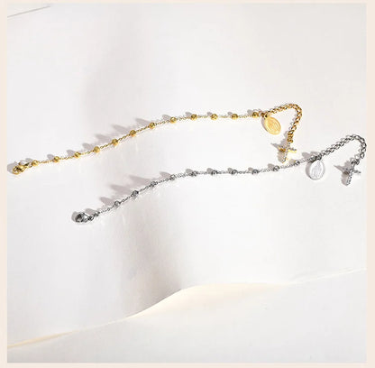 Stainless Steel Cubic Zirconia Cross Rosary Bracelet