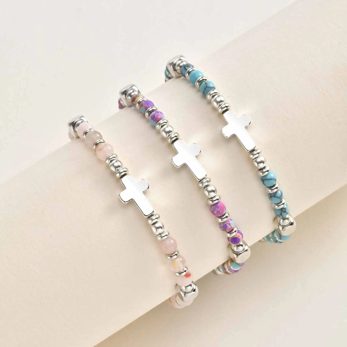 Christian Baptism Religious Beaded Cross Bracelet for Women Pink Crystal Beads Chain Bracelets Christian Easter Jewelry Gift