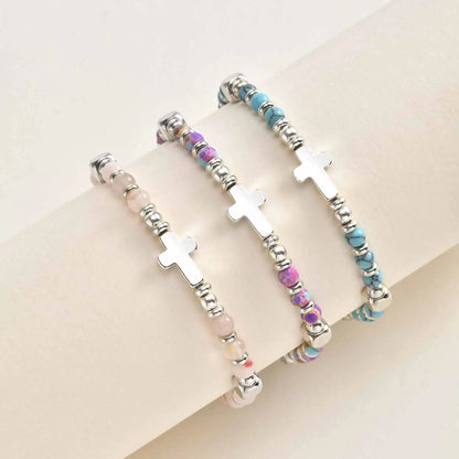 Christian Baptism Religious Beaded Cross Bracelet for Women Pink Crystal Beads Chain Bracelets Christian Easter Jewelry Gift