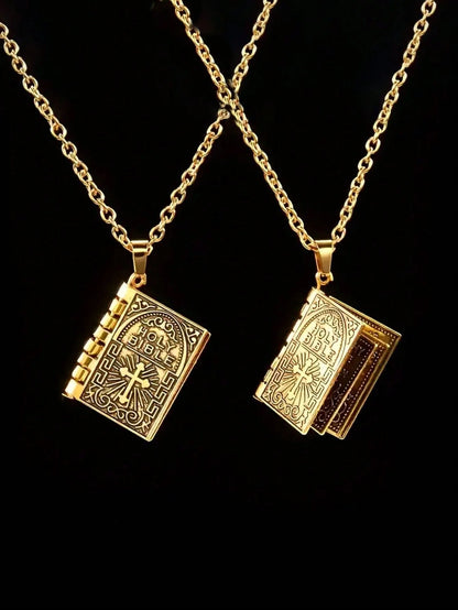 1 pc Vintage Holy Bible Pendant Necklace for Men &amp; Women – Polished Alloy Christian Cross Book Necklace, Opening Bible Locket Pendant, Gold &amp; Silver Religious Jewelry Gift