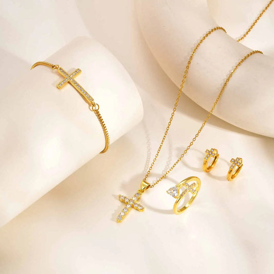 Stylish Christian Cross Jewelry Set, Women's Necklace Bracelet Earrings Ring 4pc for Birthday Christmas Baptism Gift - Blessings is Here