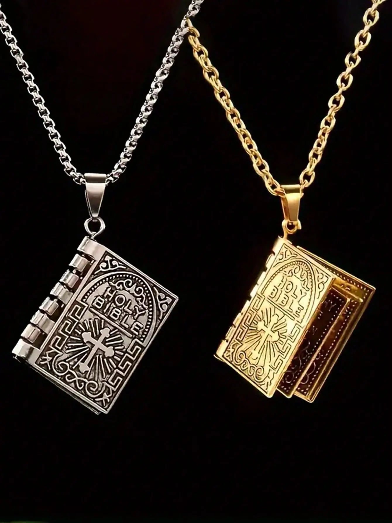 1 pc Vintage Holy Bible Pendant Necklace for Men &amp; Women – Polished Alloy Christian Cross Book Necklace, Opening Bible Locket Pendant, Gold &amp; Silver Religious Jewelry Gift